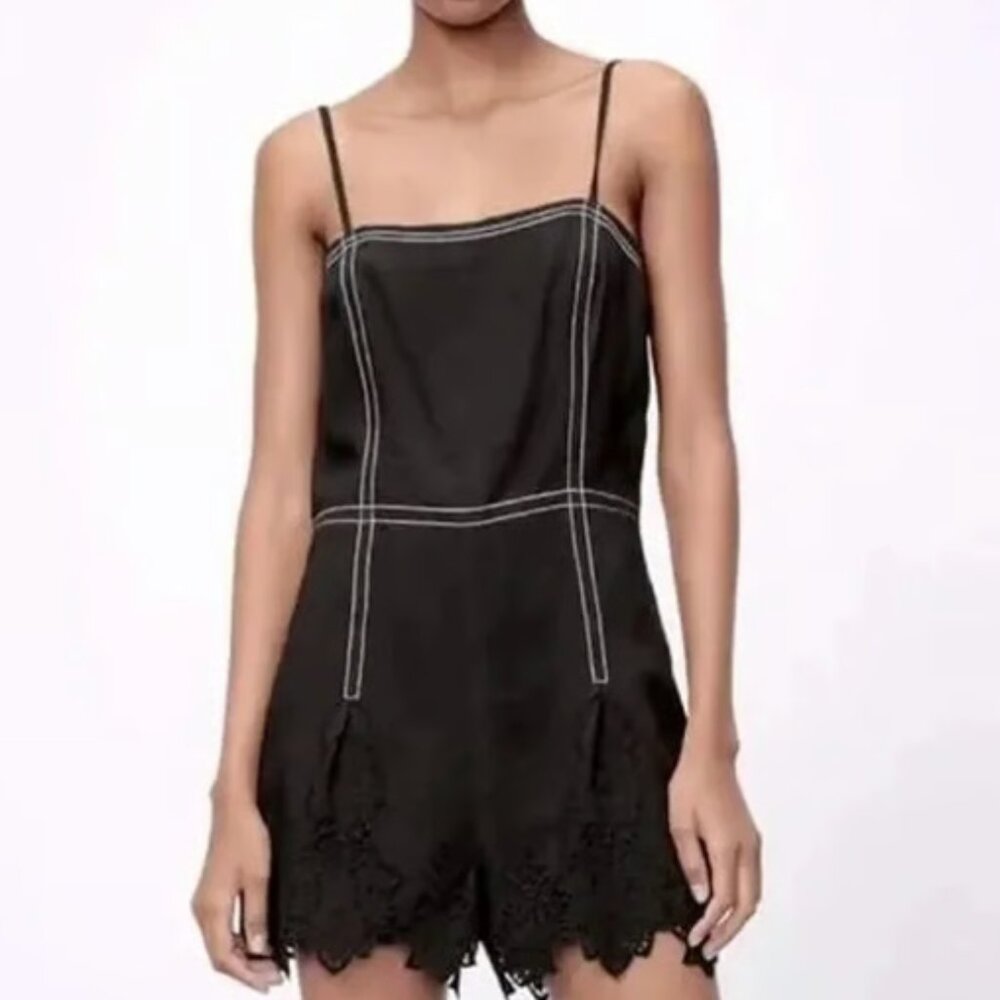 ZARA SHORT JUMPSUIT WITH TOPSTITCHING BLACK COLOR